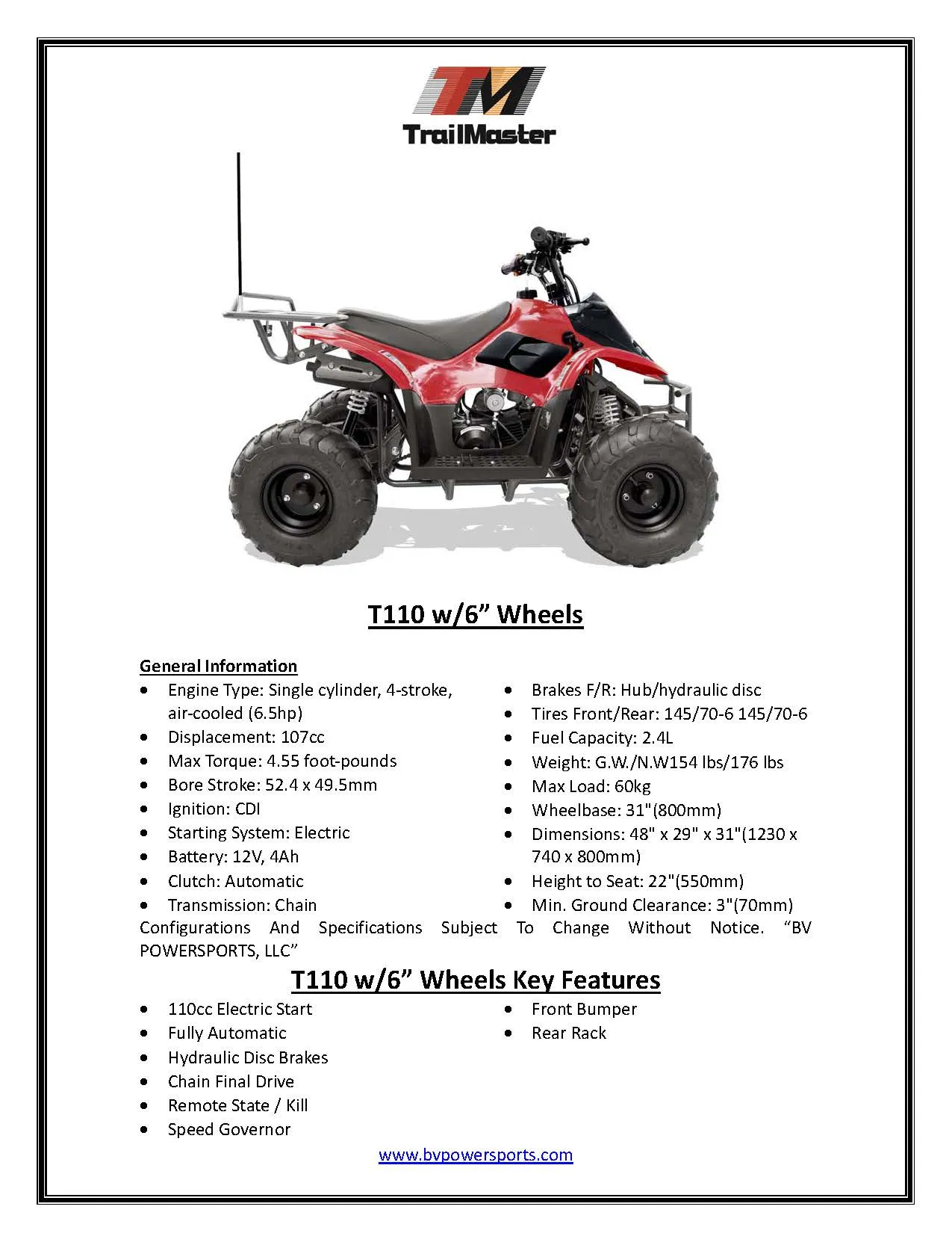 Trailmaster T110 Youth Sports ATV - 6" Wheels, Automatic Transmission, Electric Start, Hunter Style