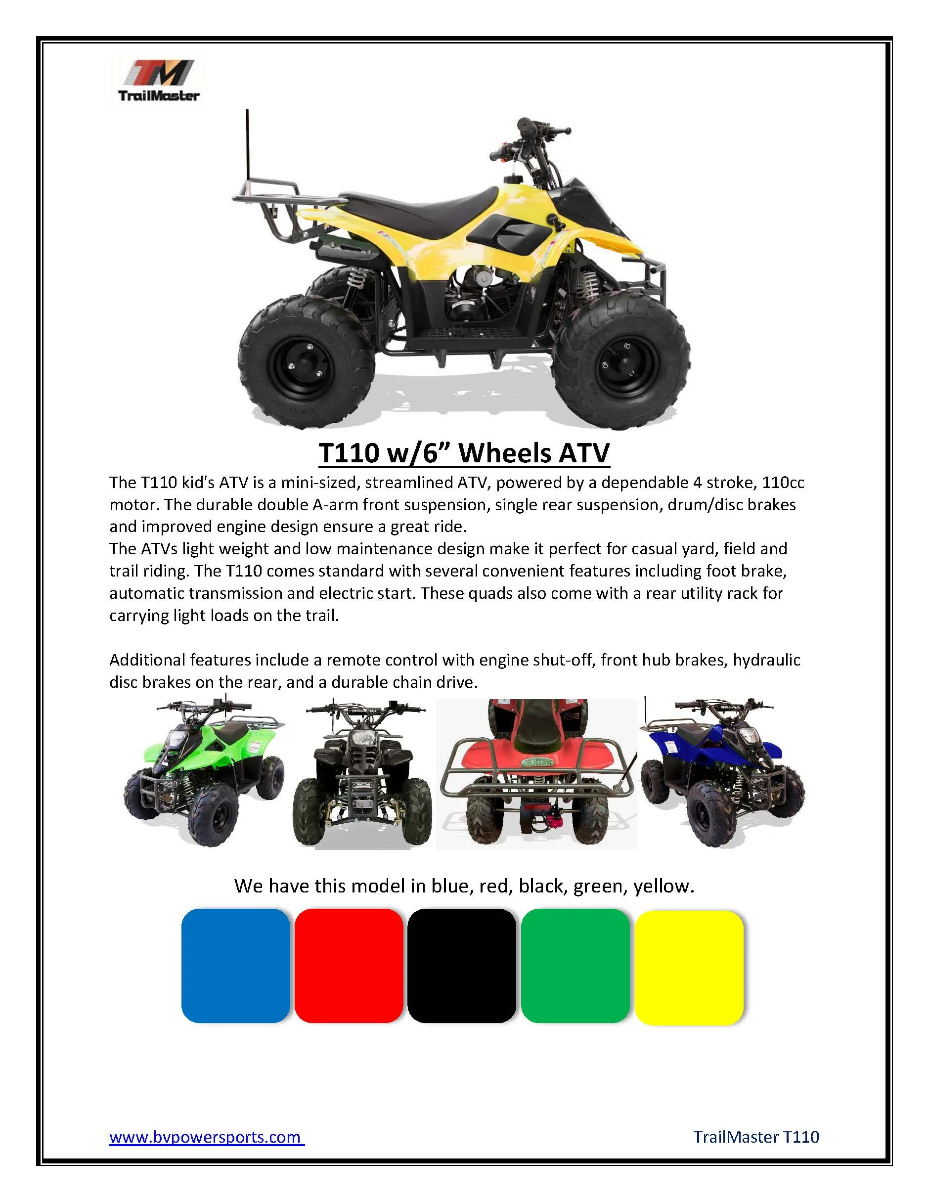 Trailmaster T110 Youth Sports ATV - 6" Wheels, Automatic Transmission, Electric Start, Hunter Style