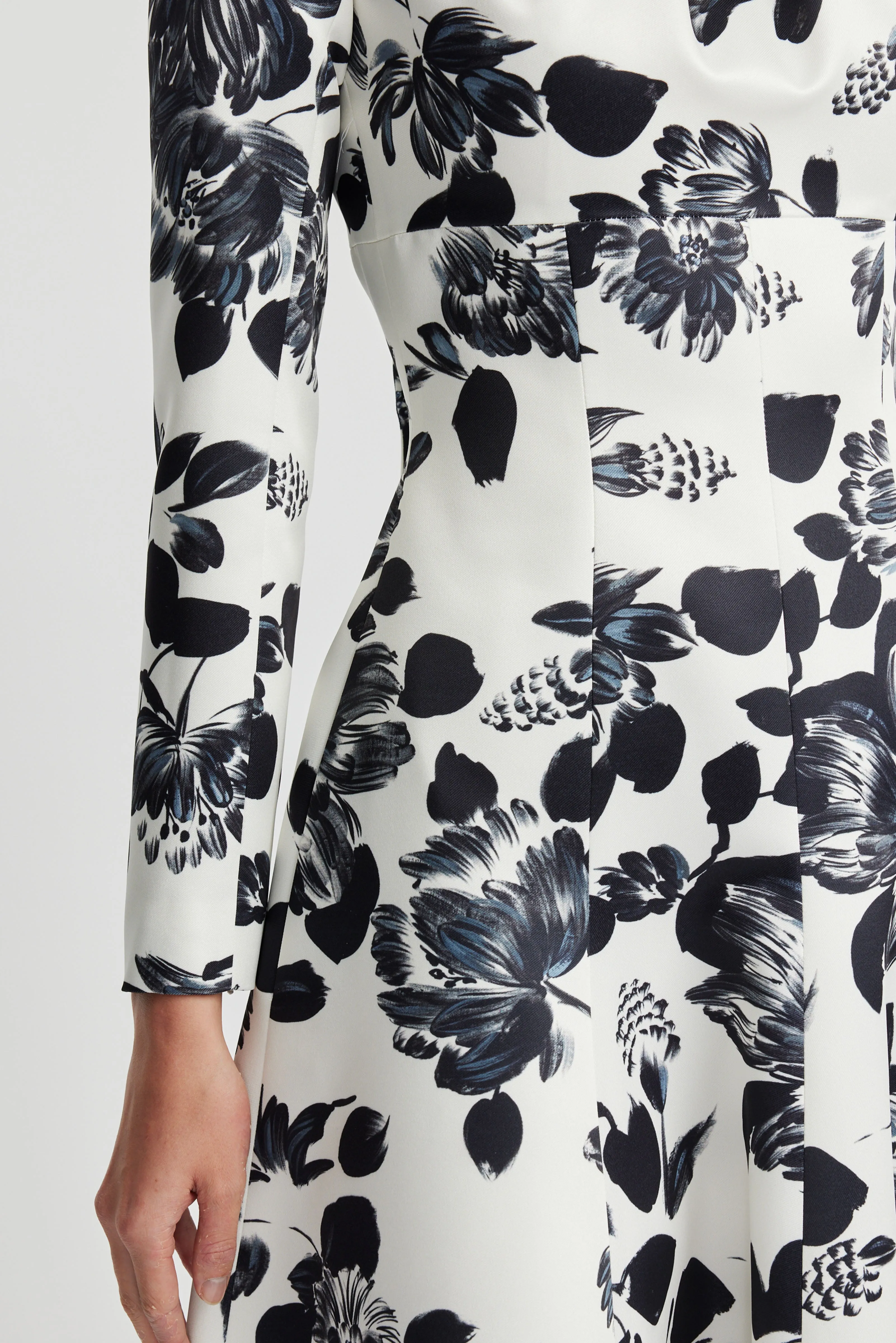 Tris Dress In Black Floral On Ivory Printed Twill