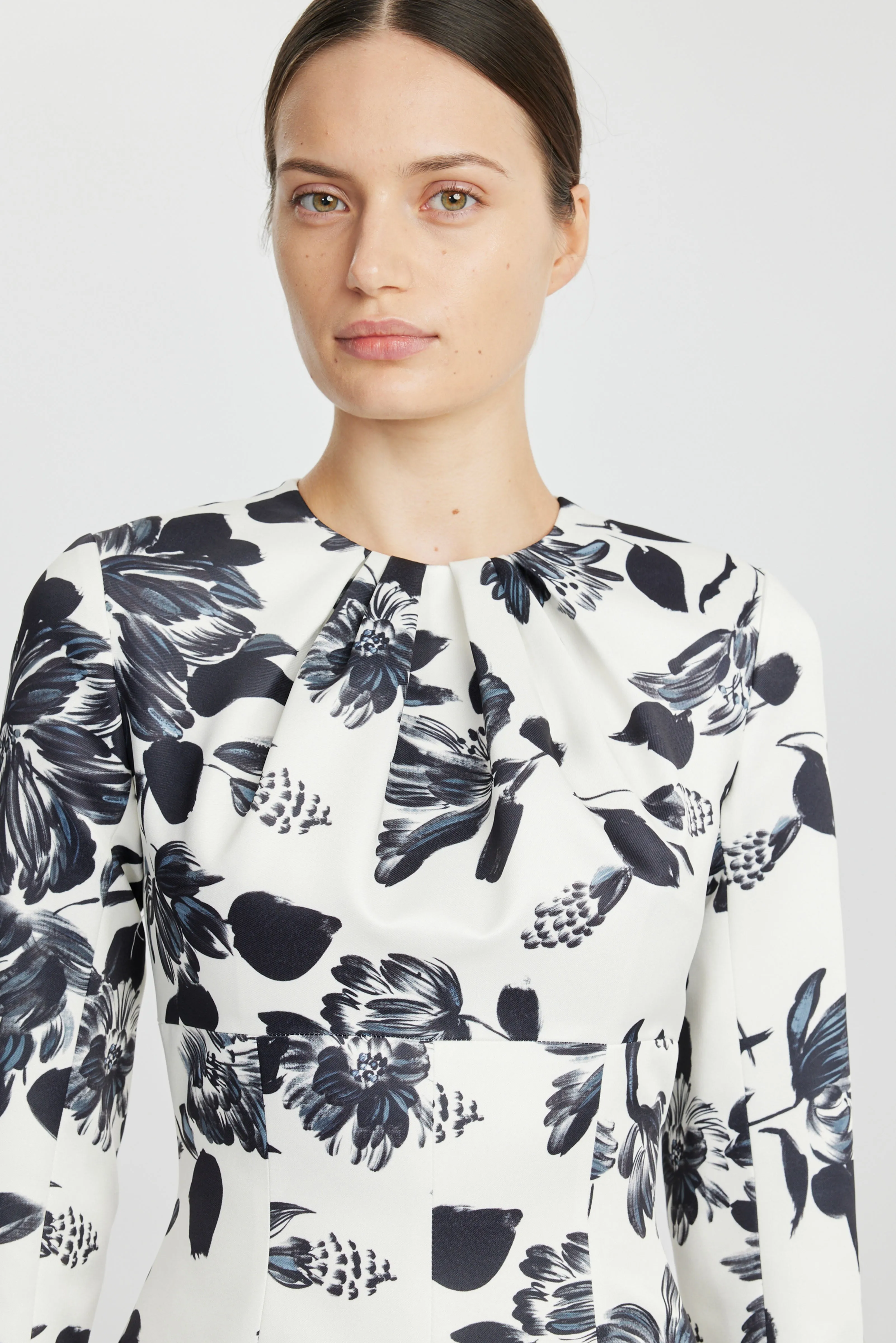 Tris Dress In Black Floral On Ivory Printed Twill