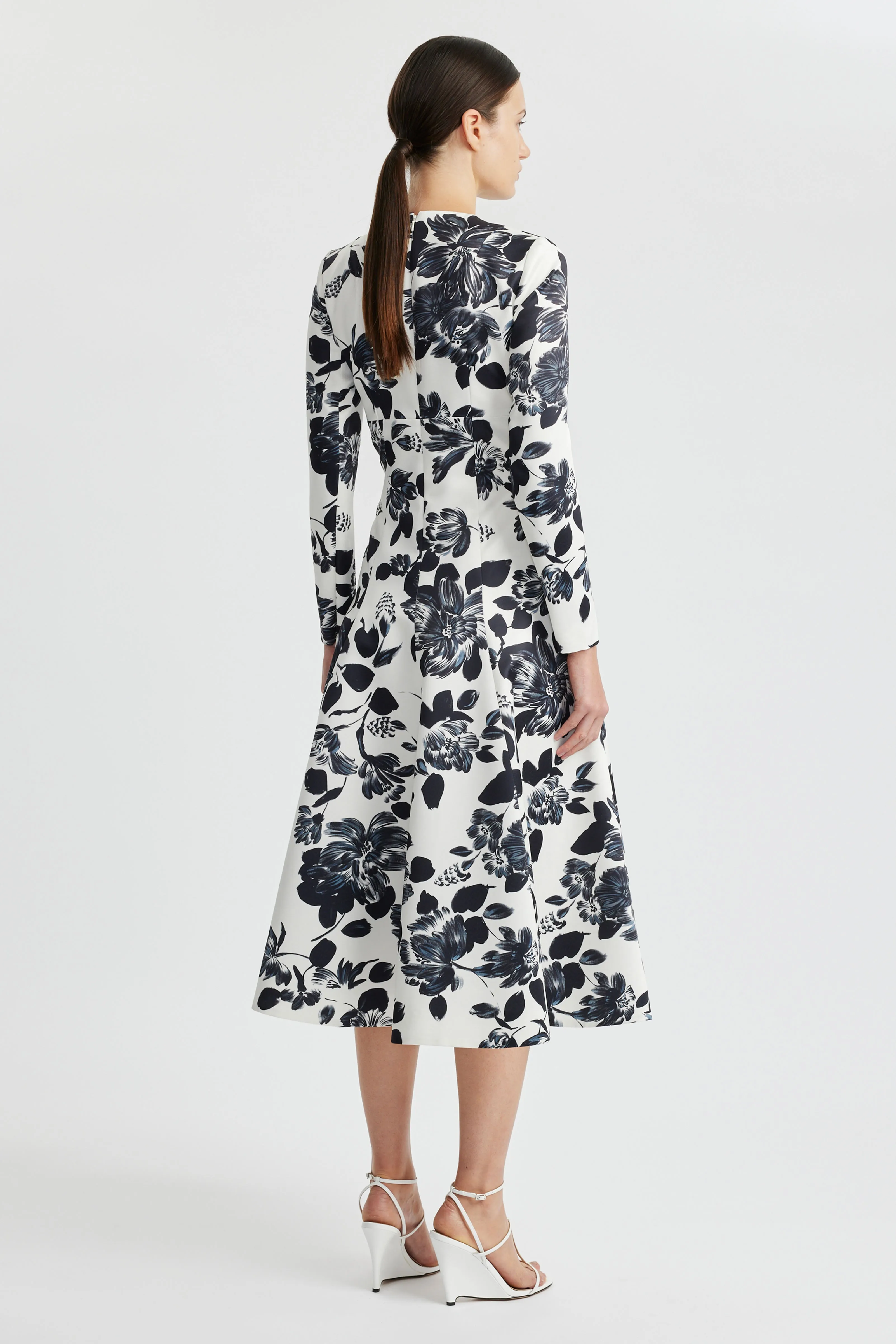 Tris Dress In Black Floral On Ivory Printed Twill