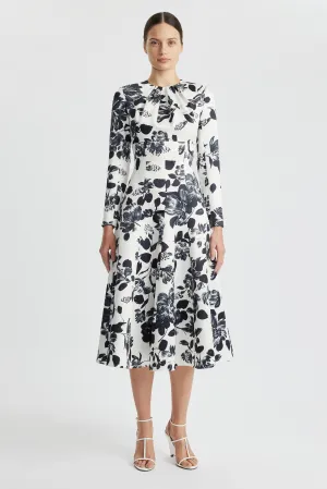 Tris Dress In Black Floral On Ivory Printed Twill