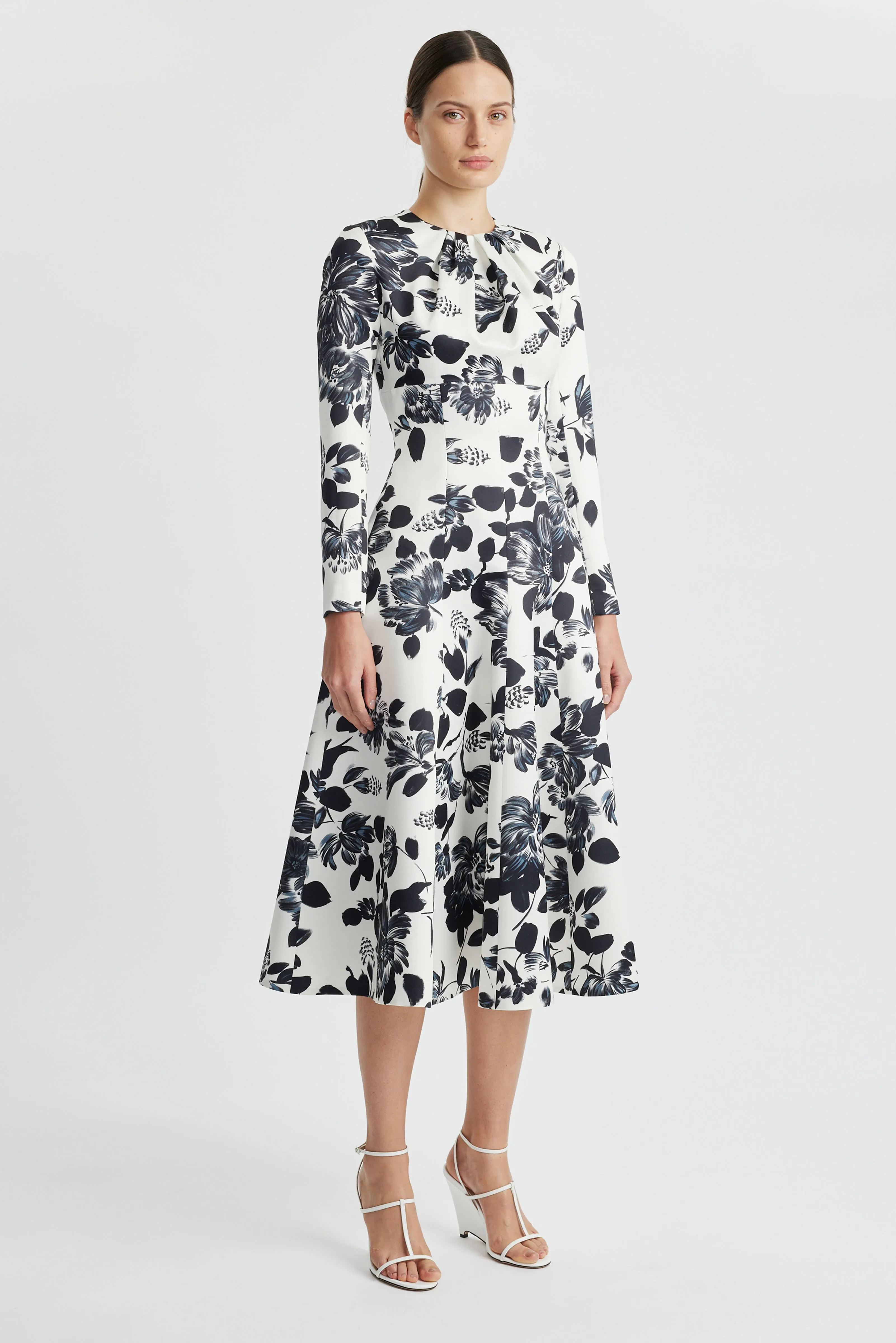 Tris Dress In Black Floral On Ivory Printed Twill