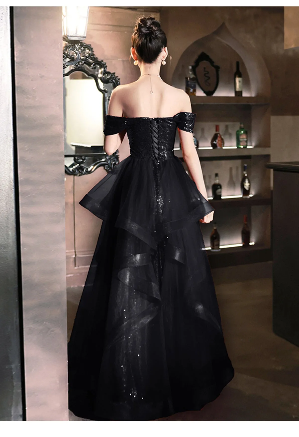 Uniwim A-line Black Tulle and Sequins Long Prom Dress with Leg Slit, Black Formal Dress