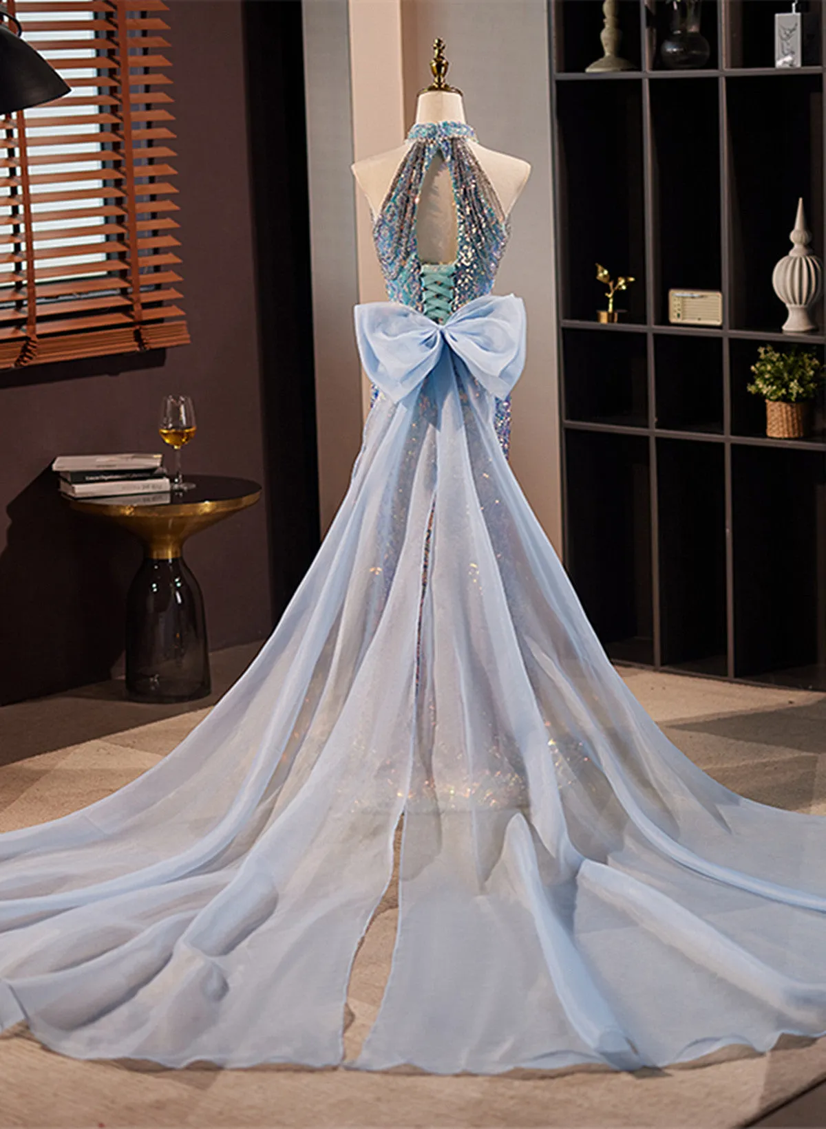 Uniwim Blue Mermaid Sequins Halter Long Party Dress with Bow, Blue Sequins Prom Dress