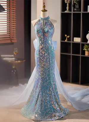 Uniwim Blue Mermaid Sequins Halter Long Party Dress with Bow, Blue Sequins Prom Dress