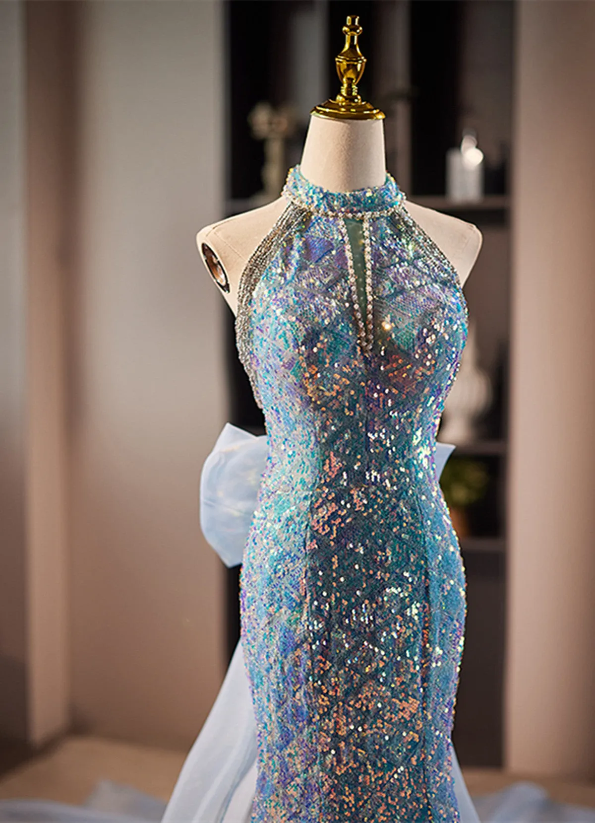 Uniwim Blue Mermaid Sequins Halter Long Party Dress with Bow, Blue Sequins Prom Dress