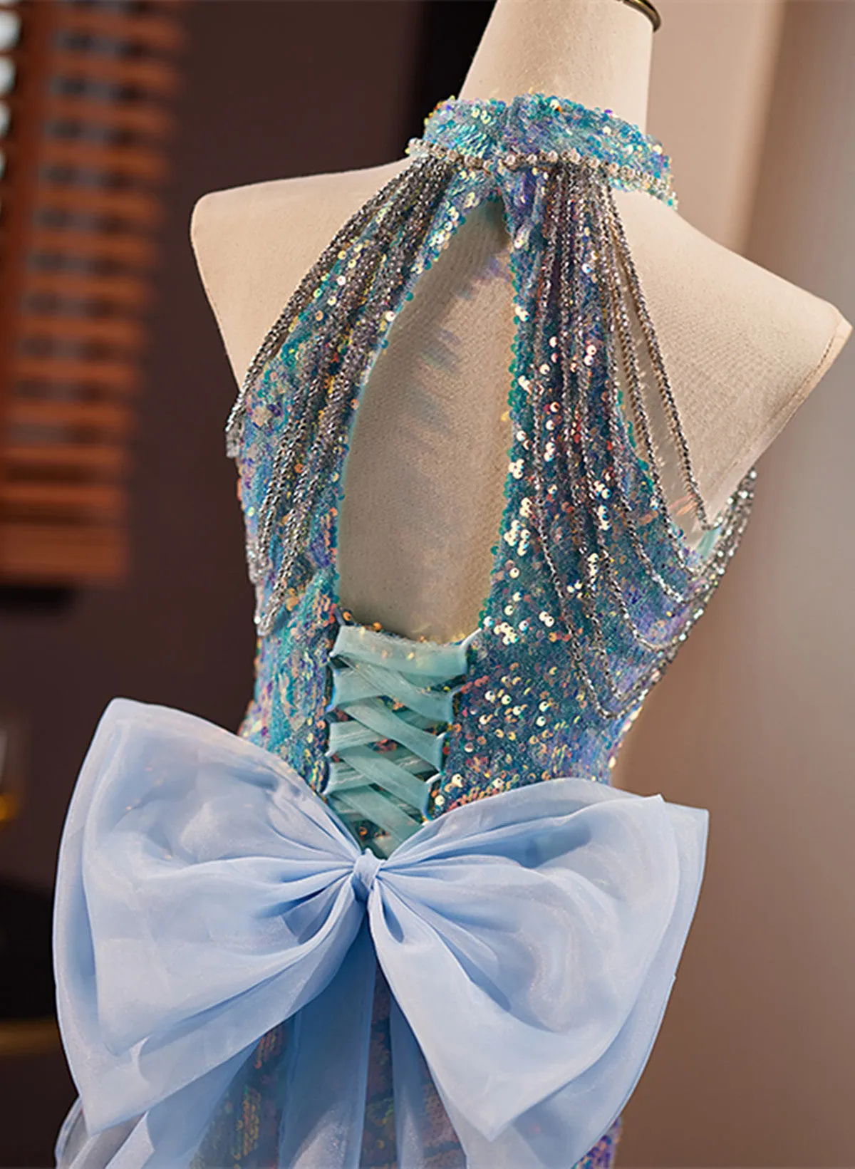 Uniwim Blue Mermaid Sequins Halter Long Party Dress with Bow, Blue Sequins Prom Dress
