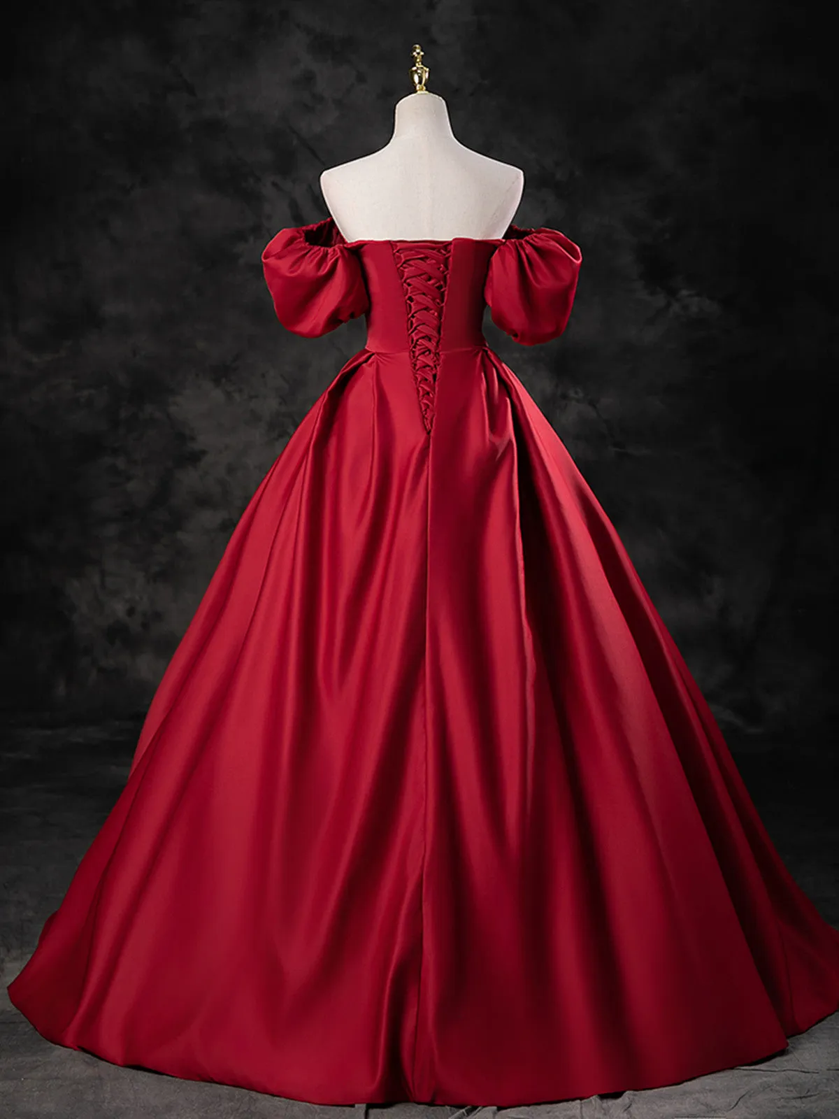Uniwim Red Satin A-line Short Sleeves Long Prom Dress, Red Long Formal Dress Evening Dress