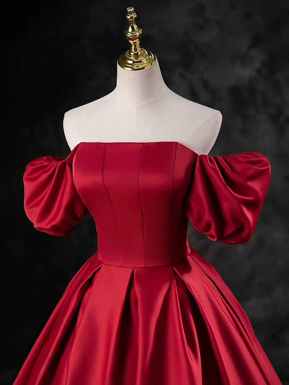 Uniwim Red Satin A-line Short Sleeves Long Prom Dress, Red Long Formal Dress Evening Dress