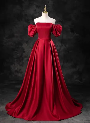 Uniwim Red Satin A-line Short Sleeves Long Prom Dress, Red Long Formal Dress Evening Dress