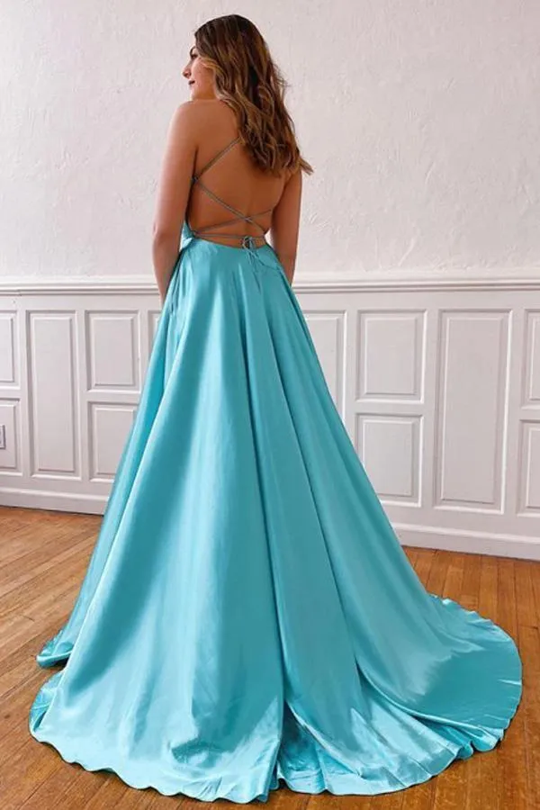V-Neck Sleeveless Split Tiffany Blue Cross Back Prom/Evening Dress TP0992