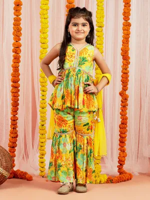 VASTRAMAY Girls' Yellow Kurta Sharara And Dupatta Set