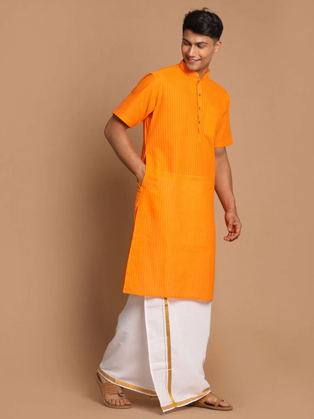 Vastramay Men's Orange Striped Kurta Set