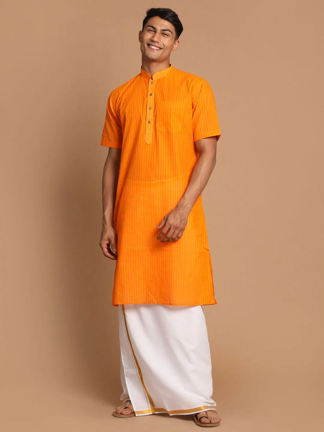 Vastramay Men's Orange Striped Kurta Set