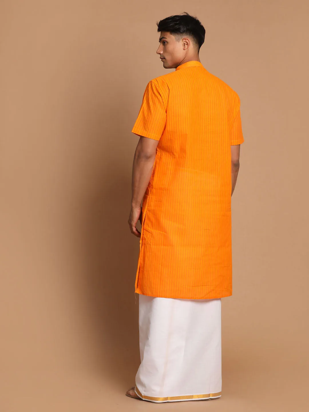 Vastramay Men's Orange Striped Kurta Set