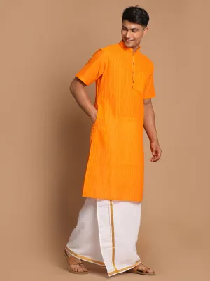 Vastramay Men's Orange Striped Kurta Set