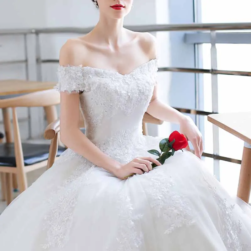 Vintage A line Tulle Off The Shoulder White Wedding Dresses for Bride