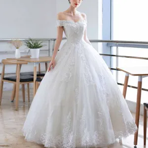 Vintage A line Tulle Off The Shoulder White Wedding Dresses for Bride