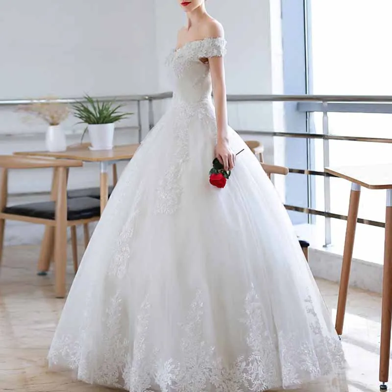 Vintage A line Tulle Off The Shoulder White Wedding Dresses for Bride