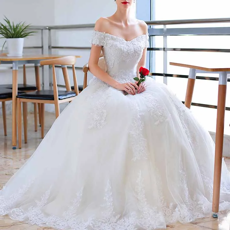 Vintage A line Tulle Off The Shoulder White Wedding Dresses for Bride