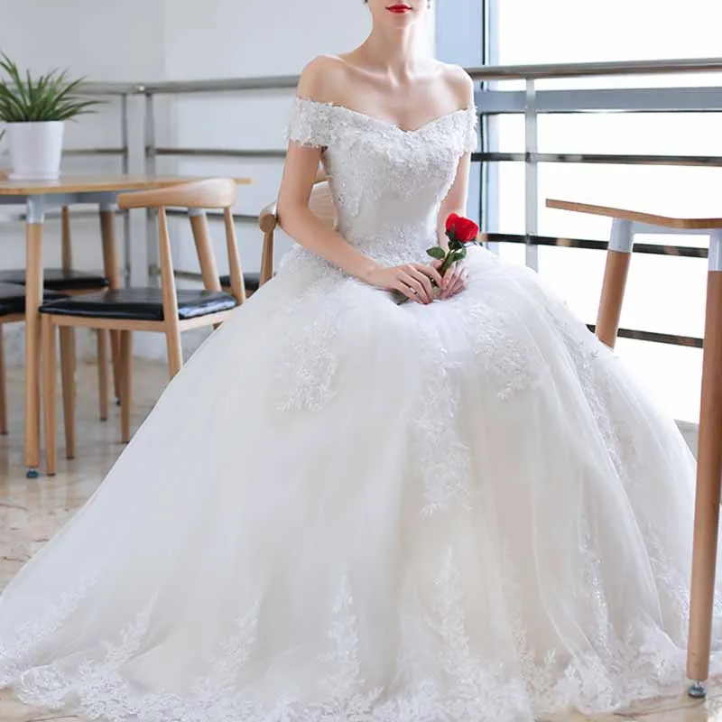 Vintage A line Tulle Off The Shoulder White Wedding Dresses for Bride
