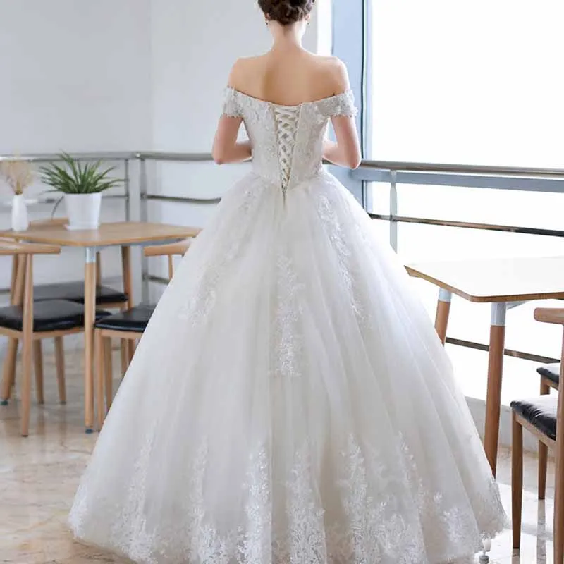 Vintage A line Tulle Off The Shoulder White Wedding Dresses for Bride