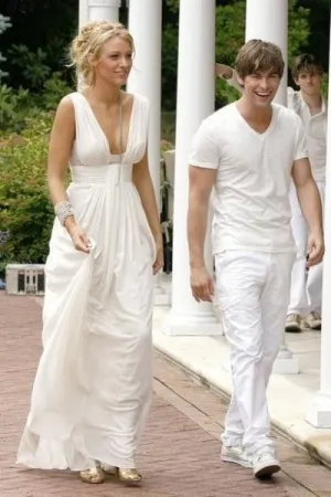 White Blake Lively Empire Waist Prom Celebrity Formal Dress Serena Van der Woodsen Gossip Girl