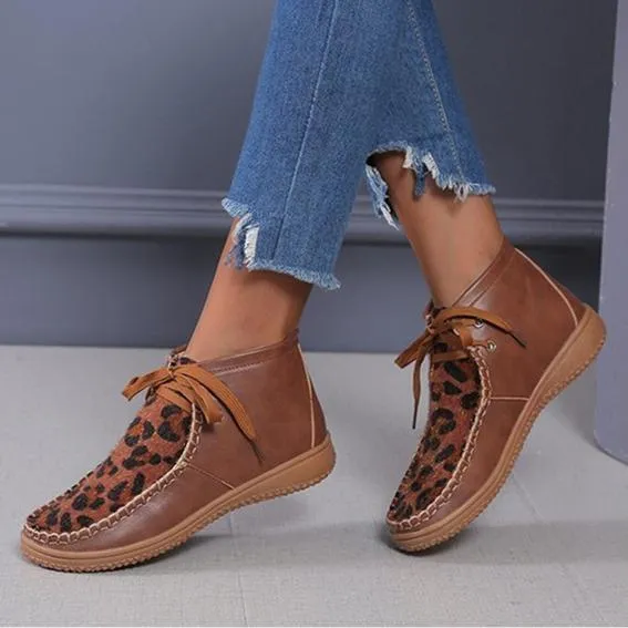 Women ankle flat heel lace up leopard booties