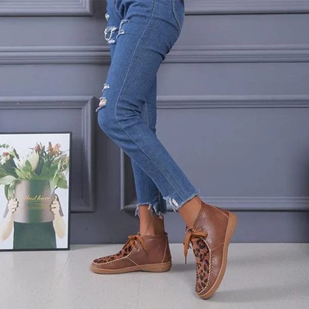 Women ankle flat heel lace up leopard booties