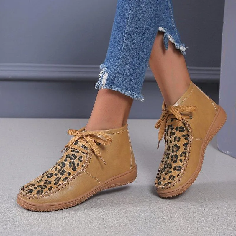 Women ankle flat heel lace up leopard booties