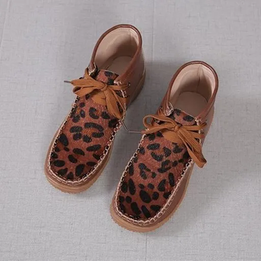 Women ankle flat heel lace up leopard booties