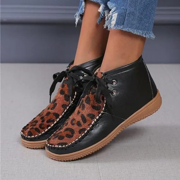 Women ankle flat heel lace up leopard booties
