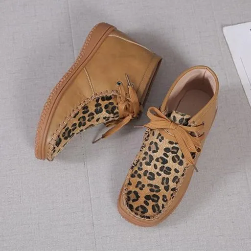 Women ankle flat heel lace up leopard booties