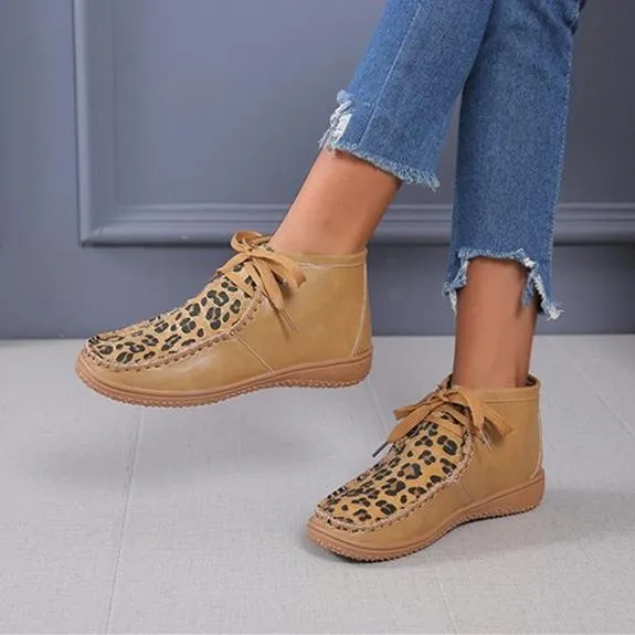 Women ankle flat heel lace up leopard booties