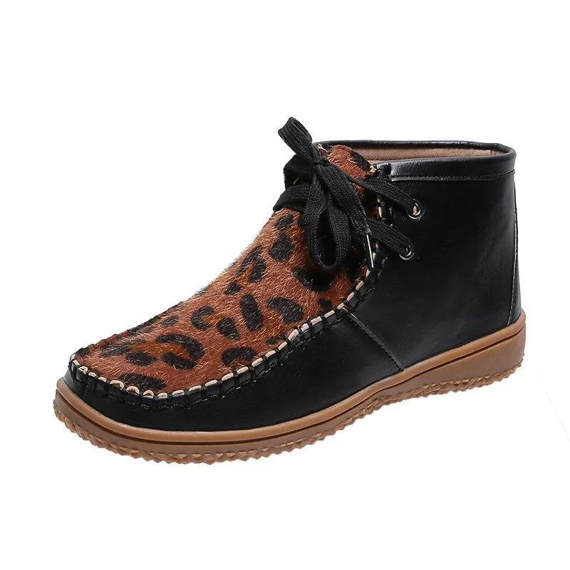 Women ankle flat heel lace up leopard booties