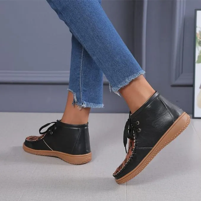 Women ankle flat heel lace up leopard booties