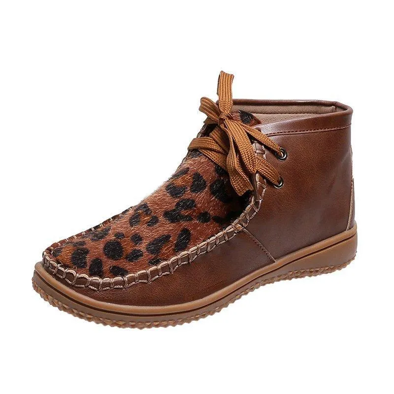 Women ankle flat heel lace up leopard booties