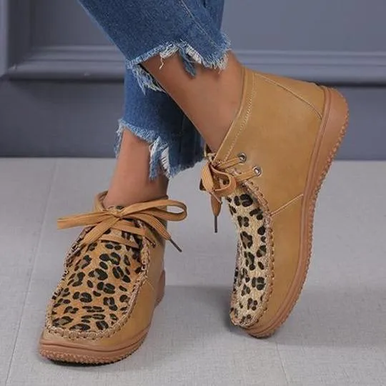 Women ankle flat heel lace up leopard booties