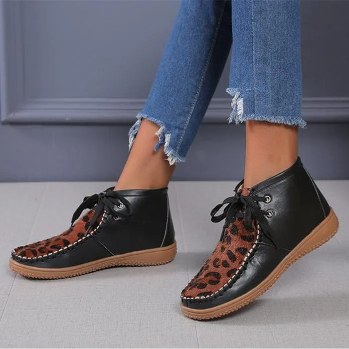 Women ankle flat heel lace up leopard booties