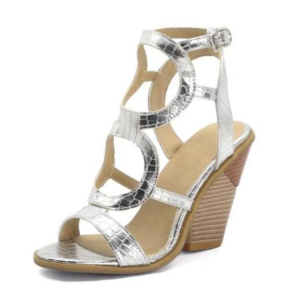 Women peep toe hollow strappy slingback sexy chunky heels