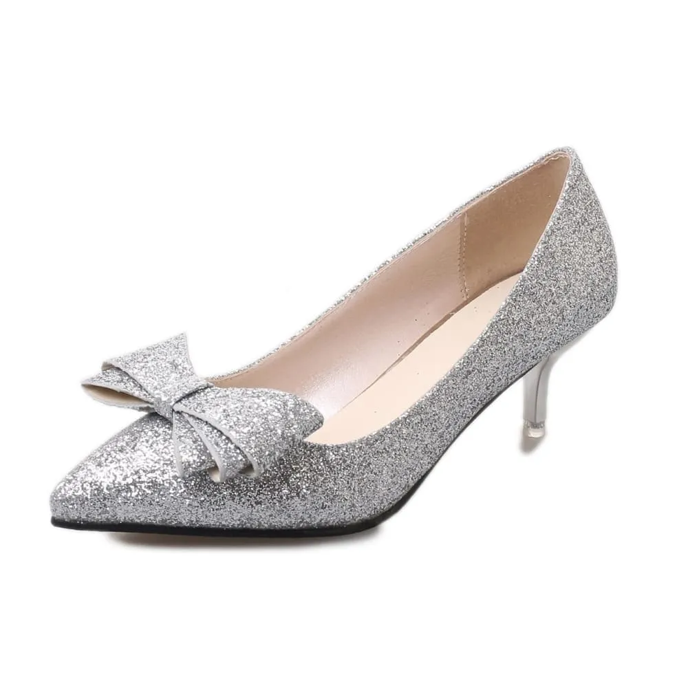 Women Pointed Toe Sequined Cloth Bowties Pumps