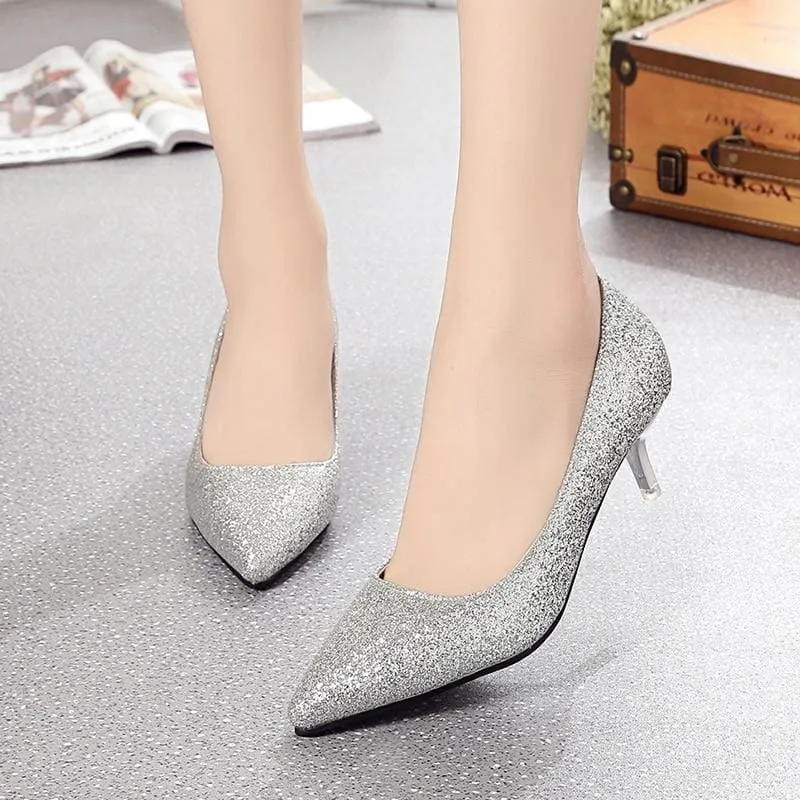 Women Pointed Toe Sequined Cloth Bowties Pumps
