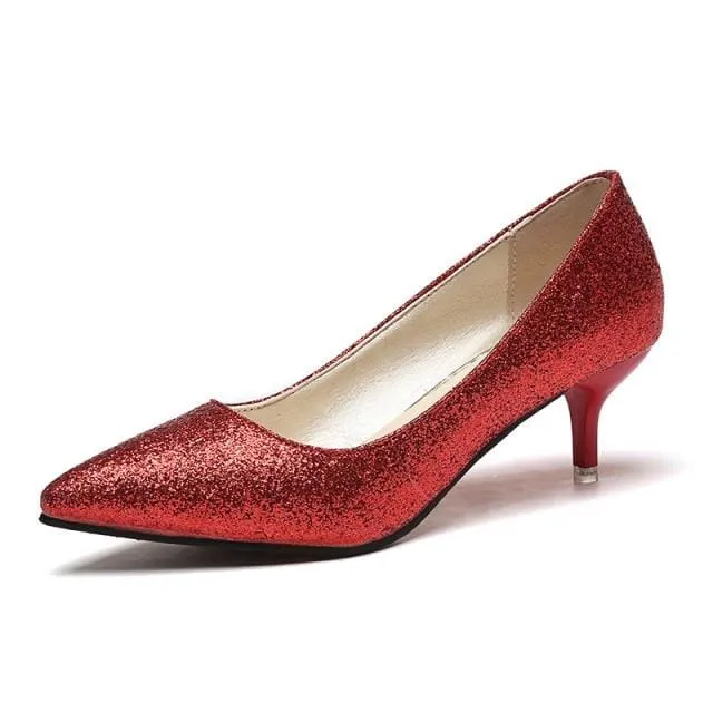 Women Pointed Toe Sequined Cloth Bowties Pumps