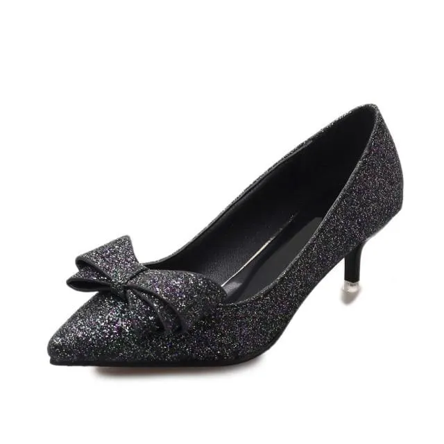 Women Pointed Toe Sequined Cloth Bowties Pumps