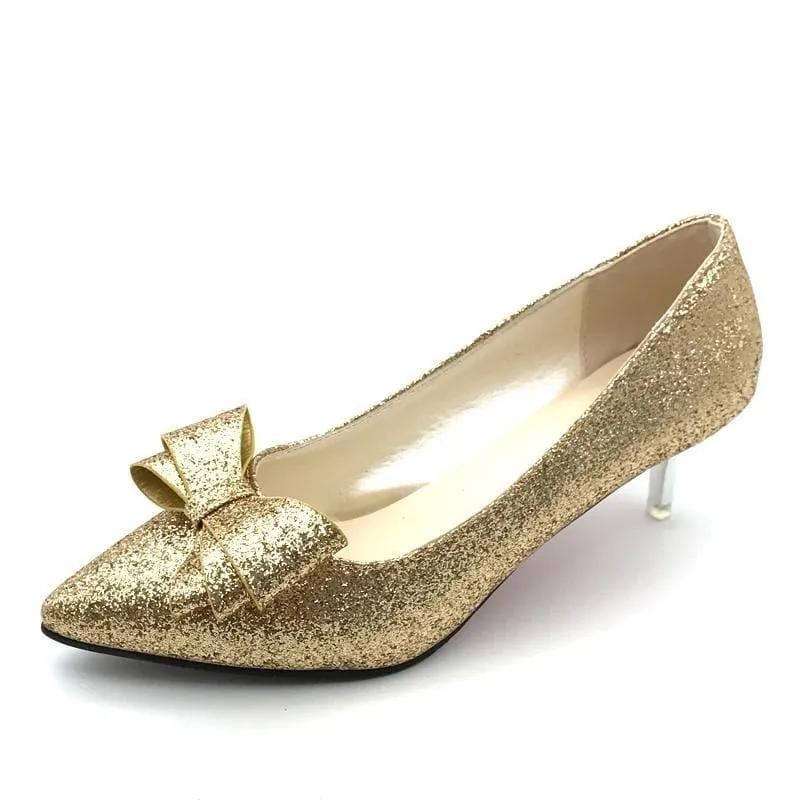 Women Pointed Toe Sequined Cloth Bowties Pumps