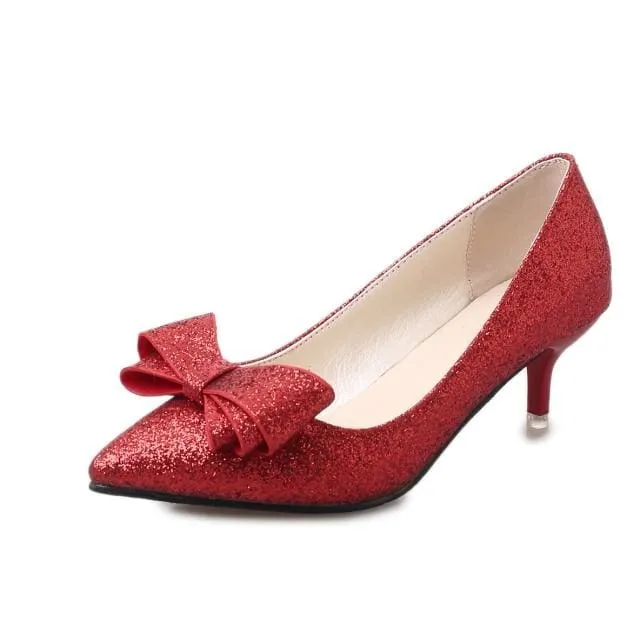 Women Pointed Toe Sequined Cloth Bowties Pumps