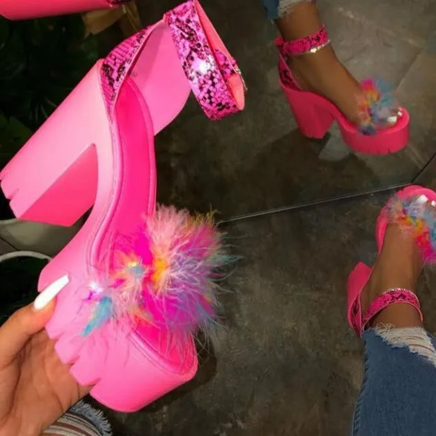 Women Summer Fashion Platform Fuzzy Ankle Strap Chunky Heels