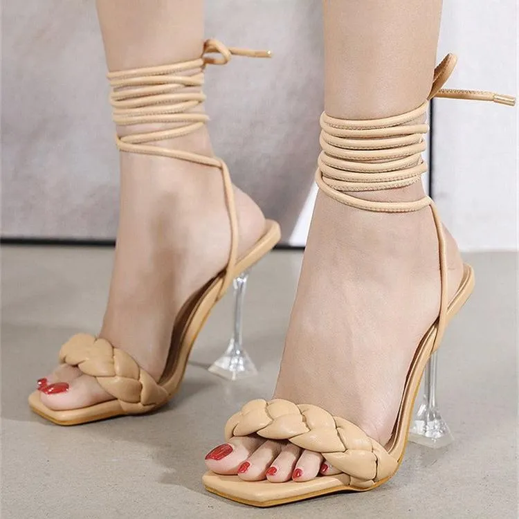 Women woven square peep toe strappy lace up high heels