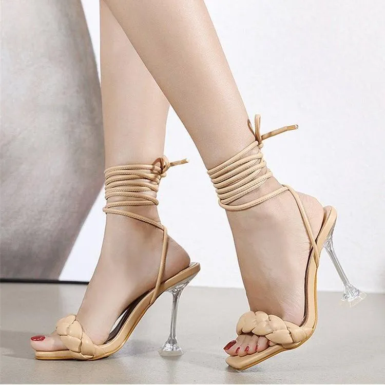 Women woven square peep toe strappy lace up high heels
